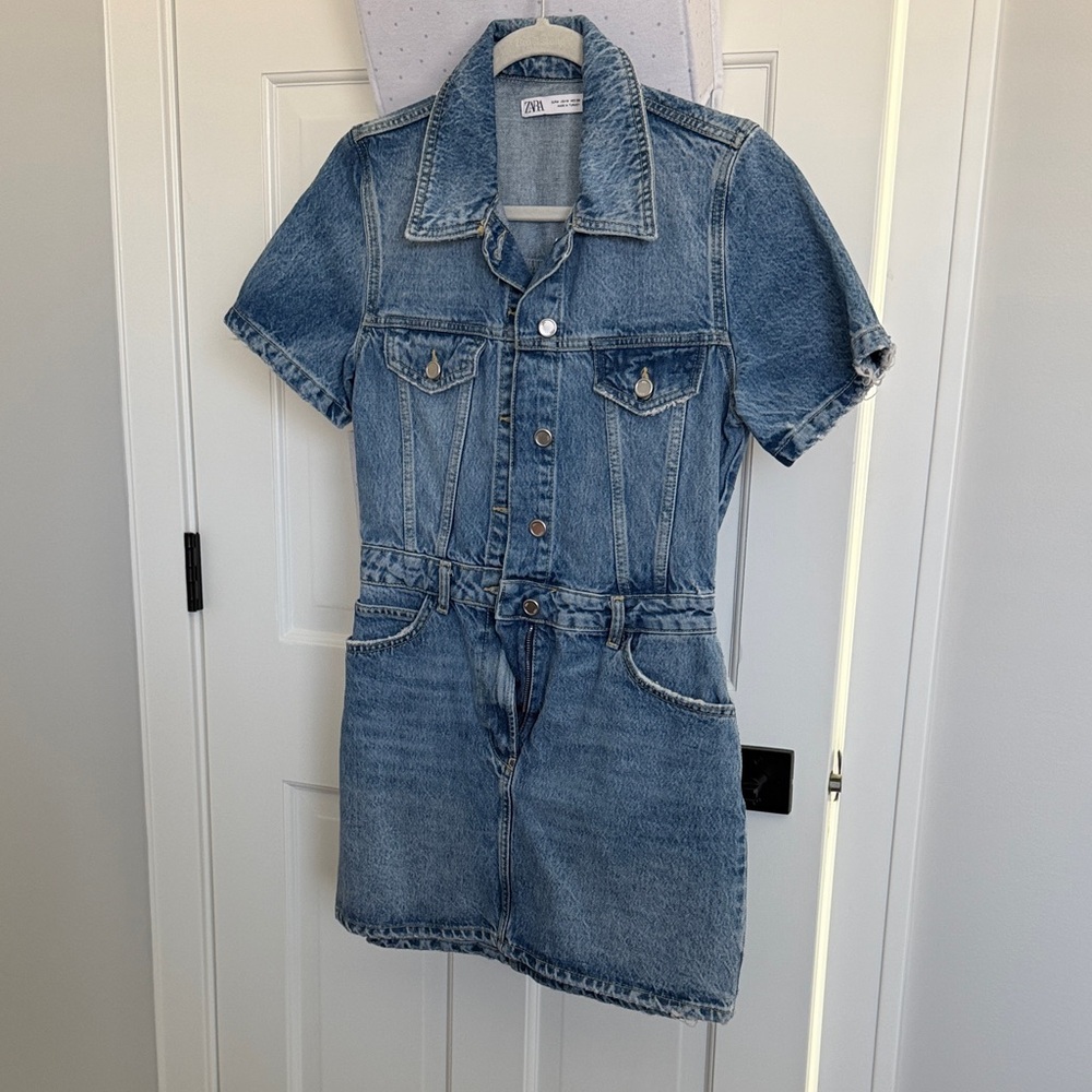 Zara Light Blue Denim Short Sleeve Button Romper Dress